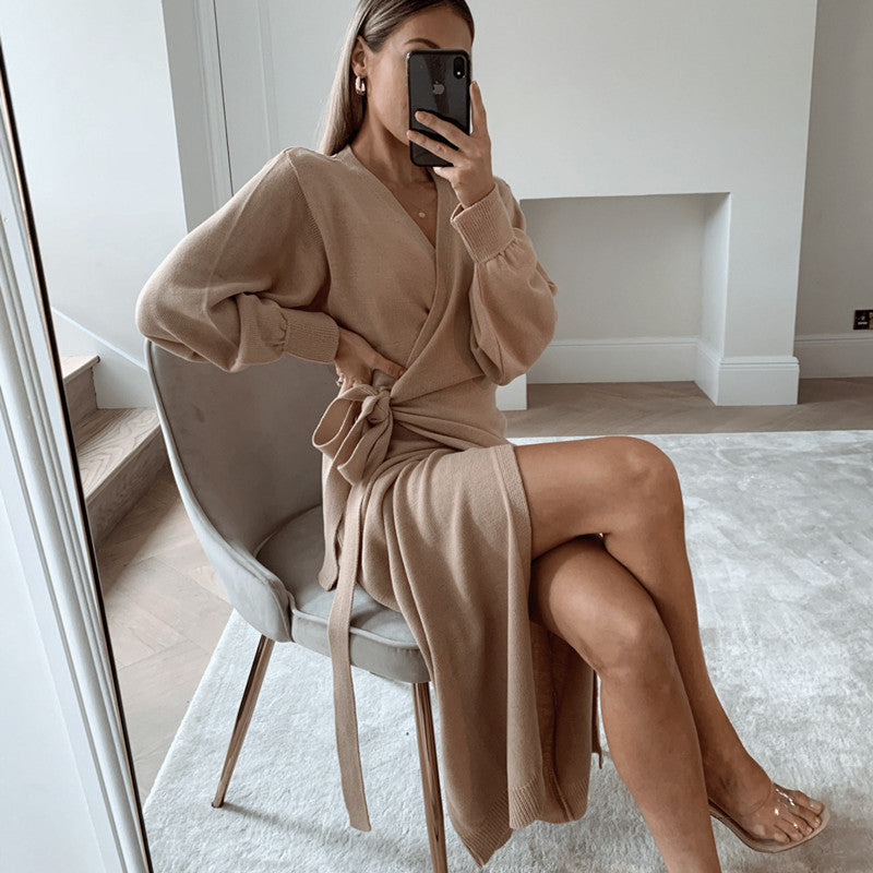 Robe pull femme à col en V